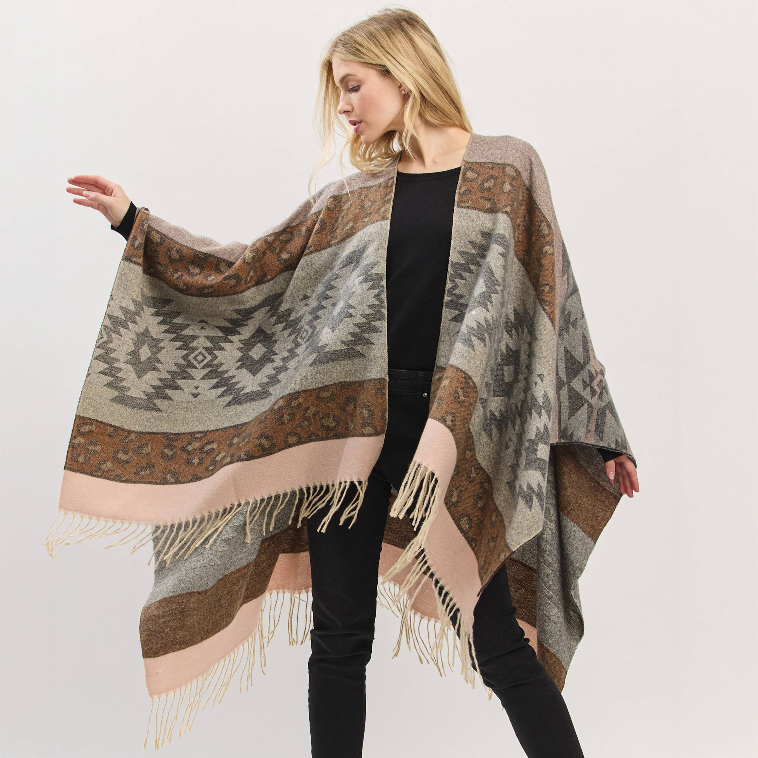 Hana – wholesale Kimono – Women's – Aztec Leopard Pattern Western Style Fringe Ruana2