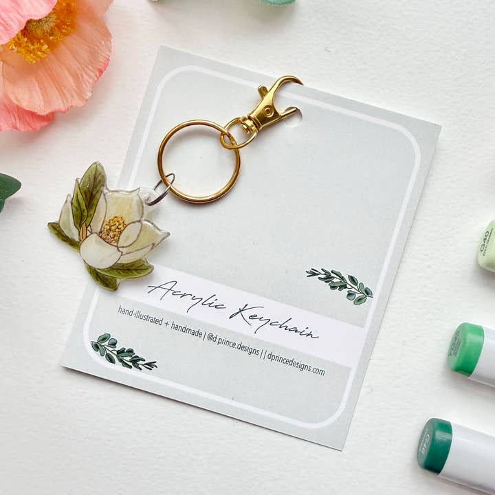 D. Prince Designs - Wholesale Keychain - Women's - Hand-Illustrated Southern Magnolia Flower | Handmade Acrylic + Resin Keychain0