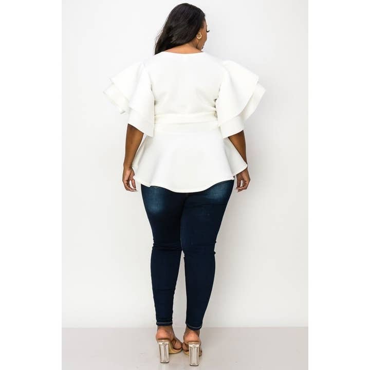 DORCAS - Wholesale Blouse - Women's - PLUS SHORT RUFFLE SLEEVE V NECK TOP WITH WAIST TIE