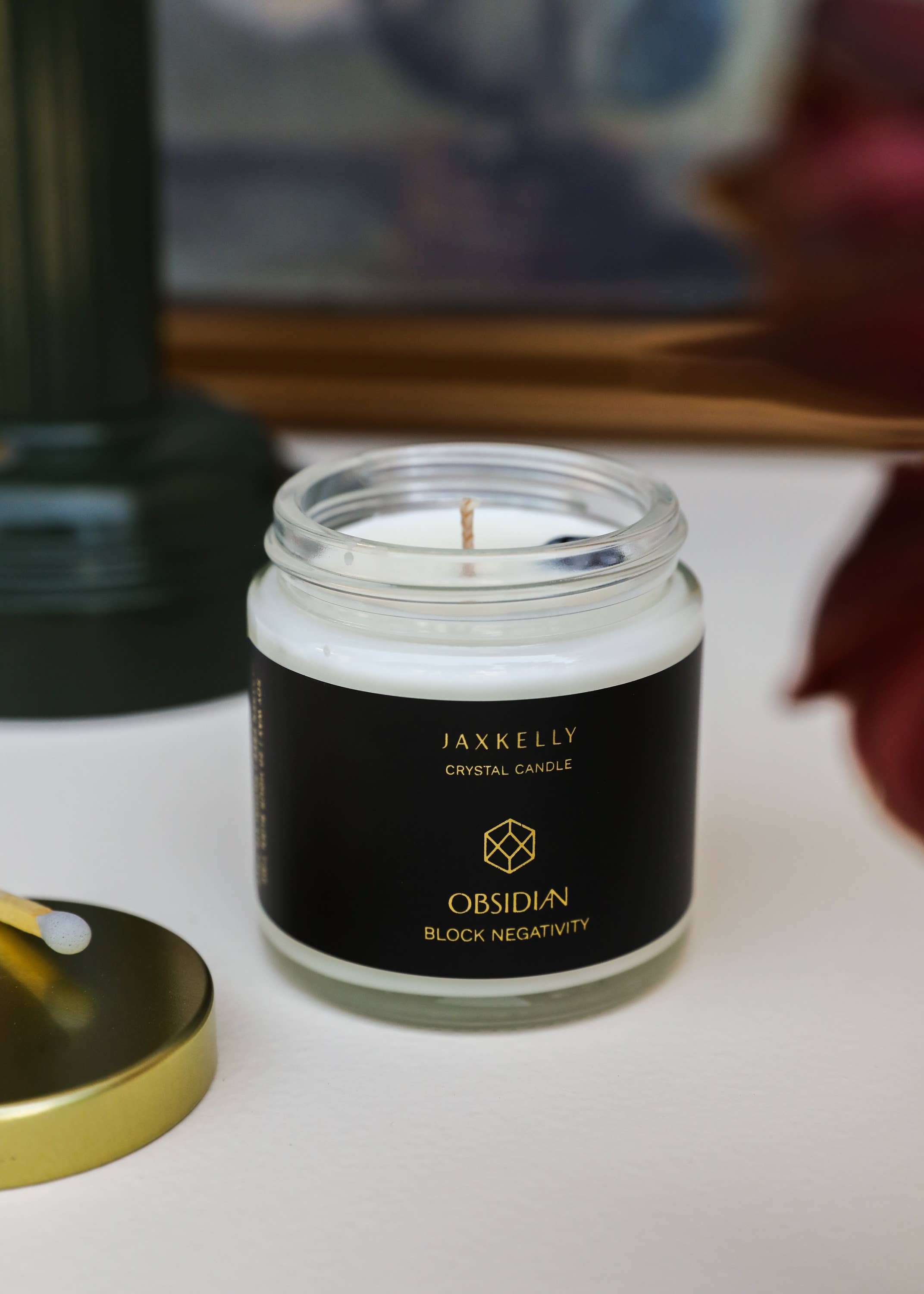 JaxKelly Candles - Wholesale Jar/Filled Candle - 4oz Clear Crystal Candles - Obsidian - Block Negativity1