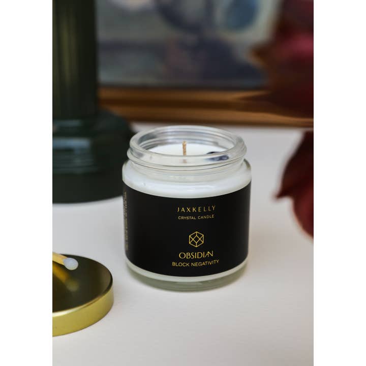 JaxKelly Candles - Wholesale Jar/Filled Candle - 4oz Clear Crystal Candles - Obsidian - Block Negativity1
