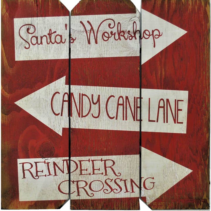 Cartel de madera maciza de Santa Claus Workshop, 16 x 16, color rojo y blanco para venta al por mayor de Boulder Innovations