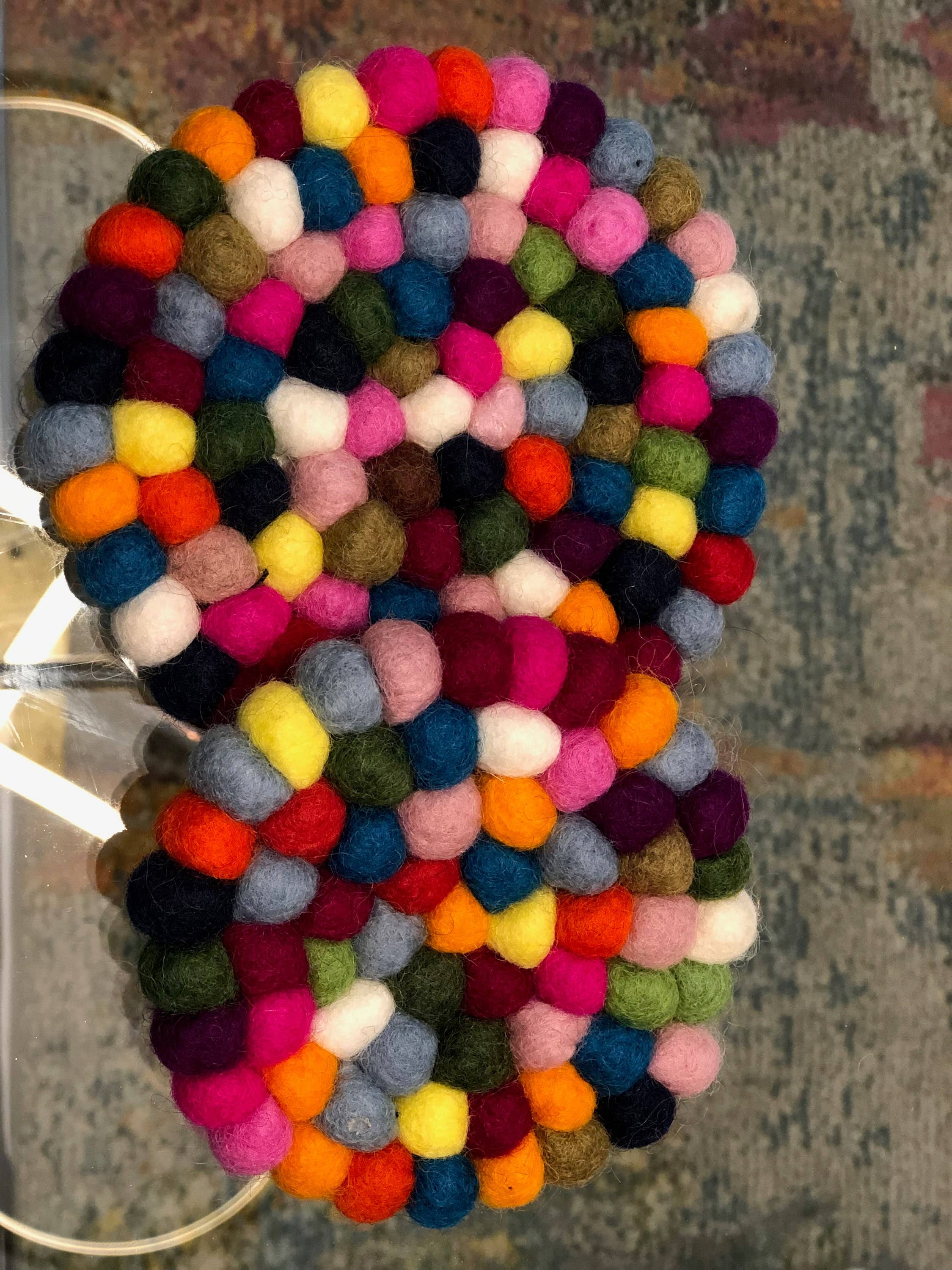 Funky Yak Ltd – wholesale Coasters – Felt Pom Pom Round Multicolour Coasters Handmade In Nepal3