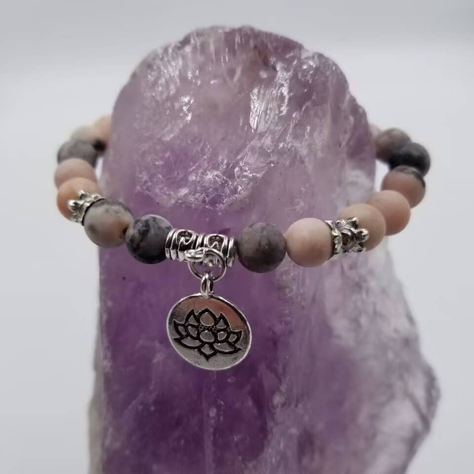 magnolia jewelry - Wholesale Charm/Dangle Bracelet - Lotus Charm Natural Stone Stretch Bracelets0