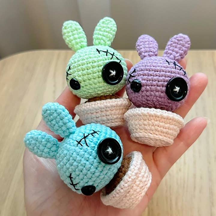 Handmade Crochet Amigurumi Bunny In A Flower Pot Keychain for wholesale by TOMOPOD LLC