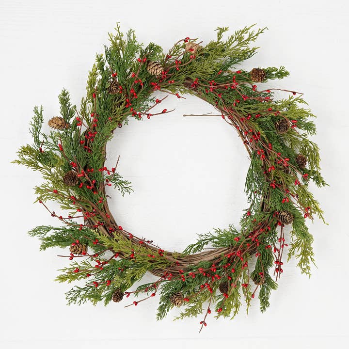 Holiday Depot Inc. - Wholesale Wreath - ISB71700- 24in Evergreen Pine with Red Pips Wreath