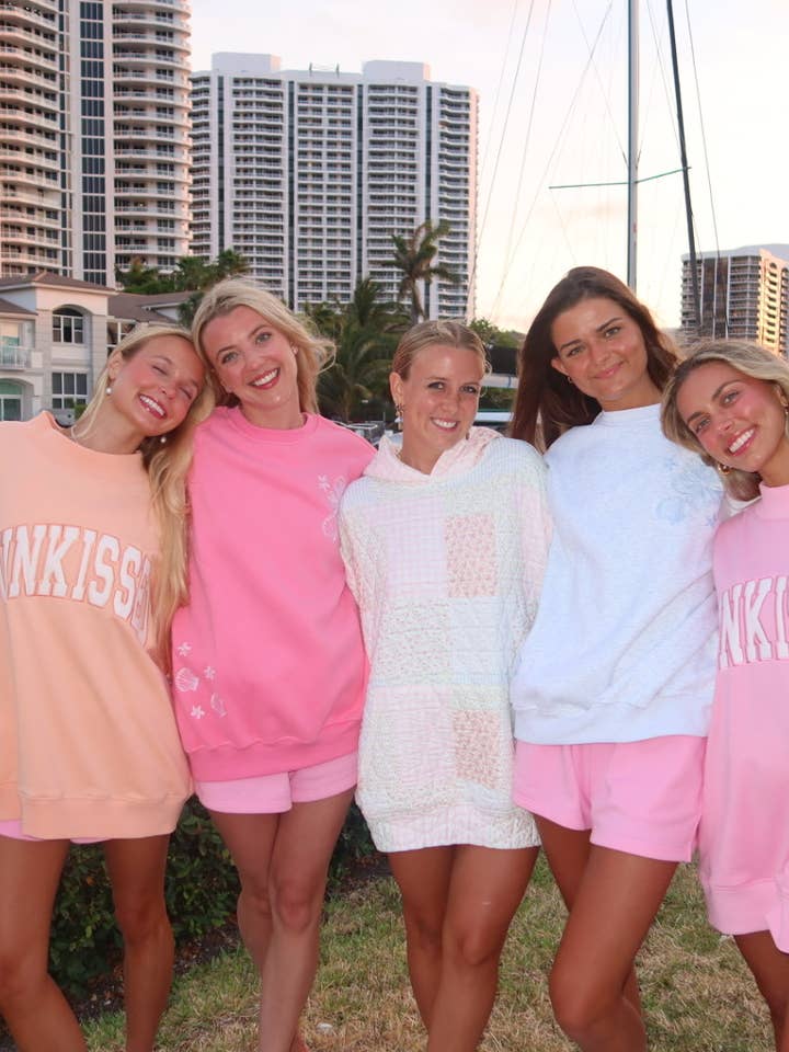 Lottie Pink Varsity Sunkissed Embroidered Mockneck Sweatshirt 100% Cotton for wholesale on Faire11