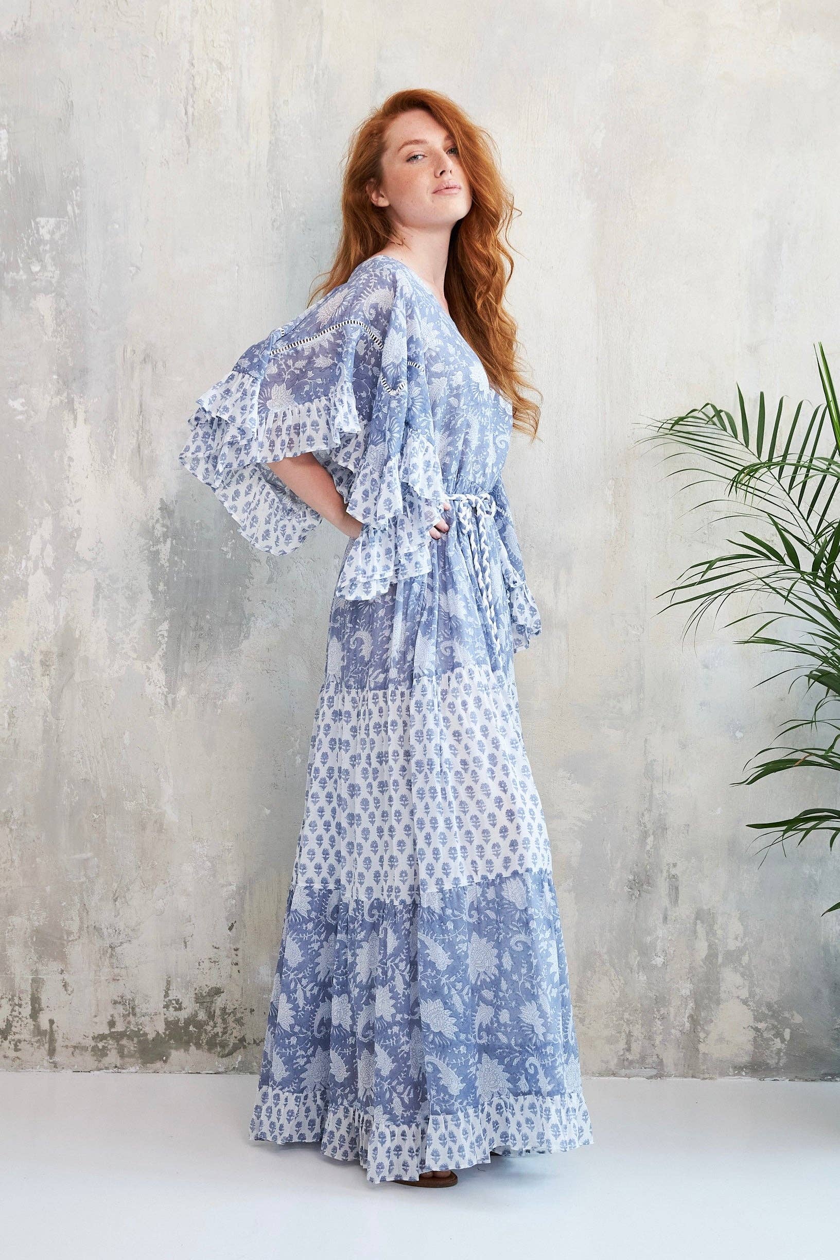 romantic floral block print blue KALYANI DRESS for wholesale on Faire