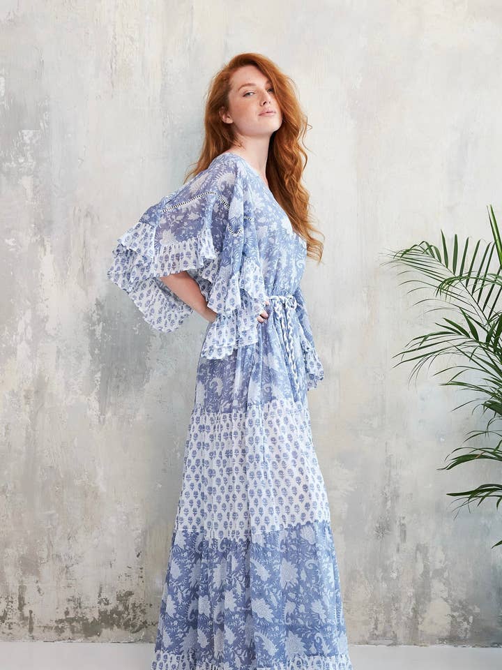 romantic floral block print blue KALYANI DRESS for wholesale on Faire0