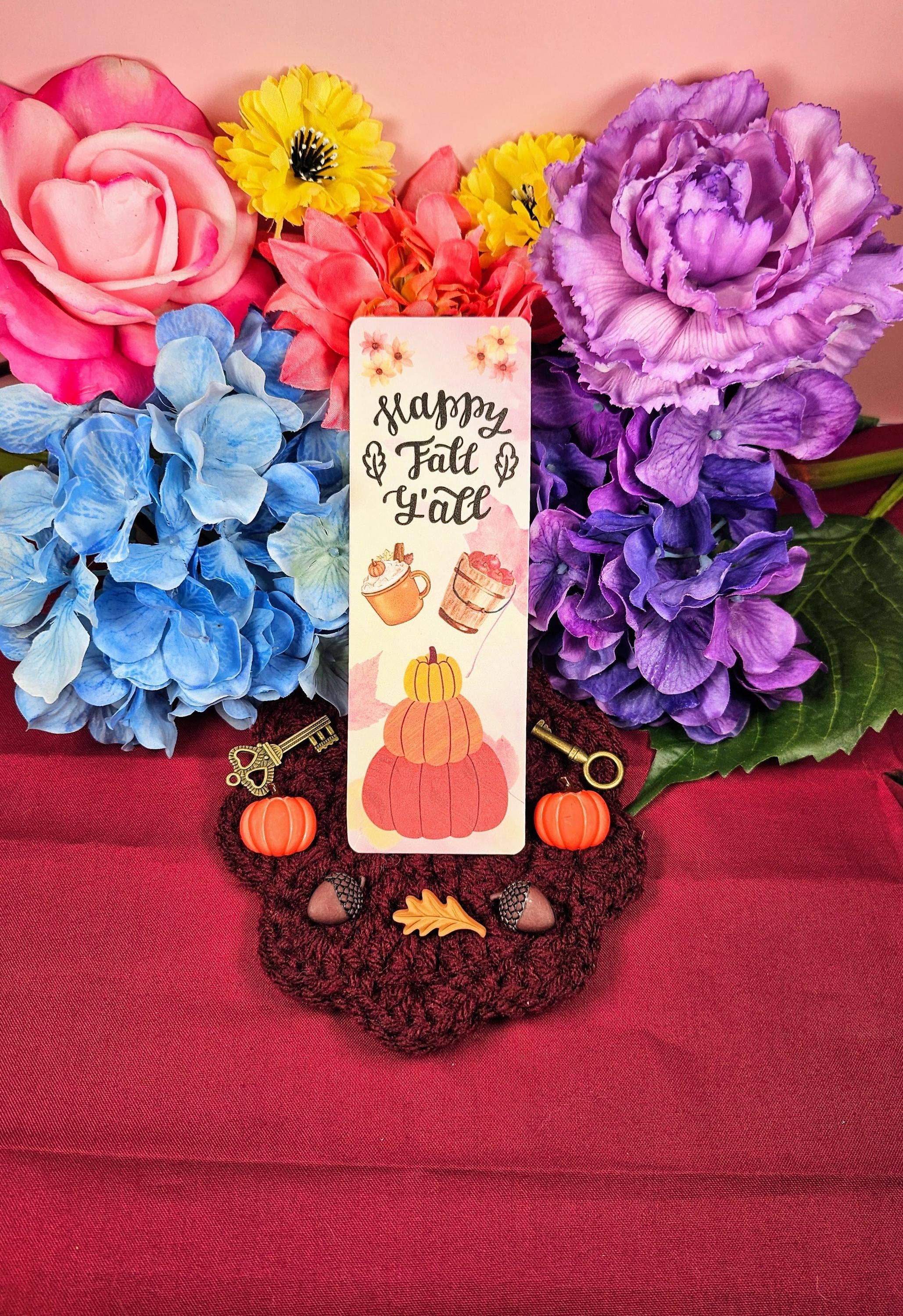 Autumnmist Boutique - Wholesale Bookmark - Happy Fall Y'All Laminated Bookmark: Pumpkins, Apples1