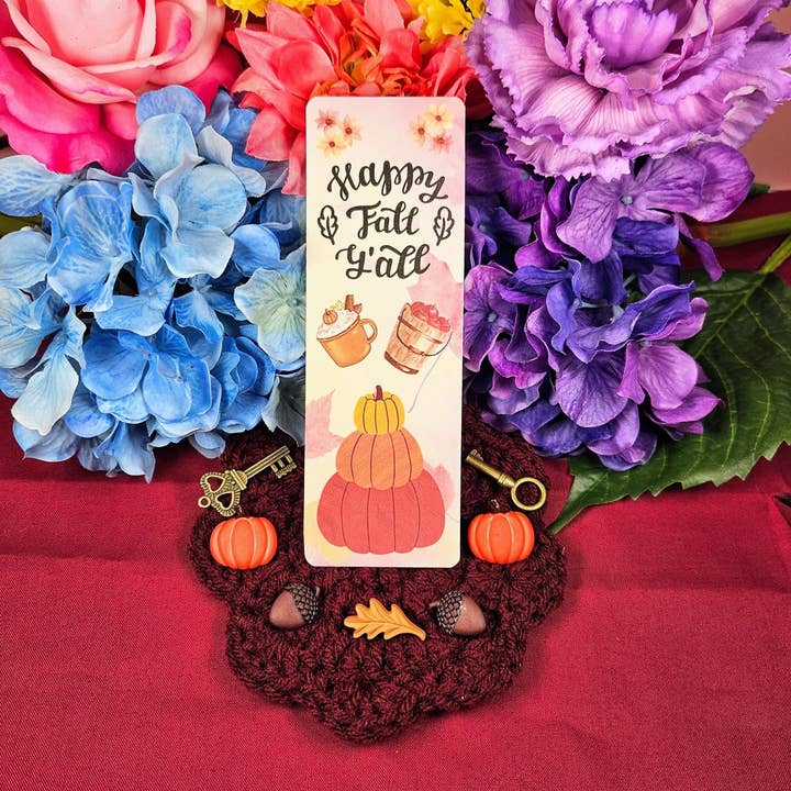 Autumnmist Boutique – Großhandel Lesezeichen – Fröhlichen Herbst euch allen Laminiertes Lesezeichen: Kürbisse, Äpfel1