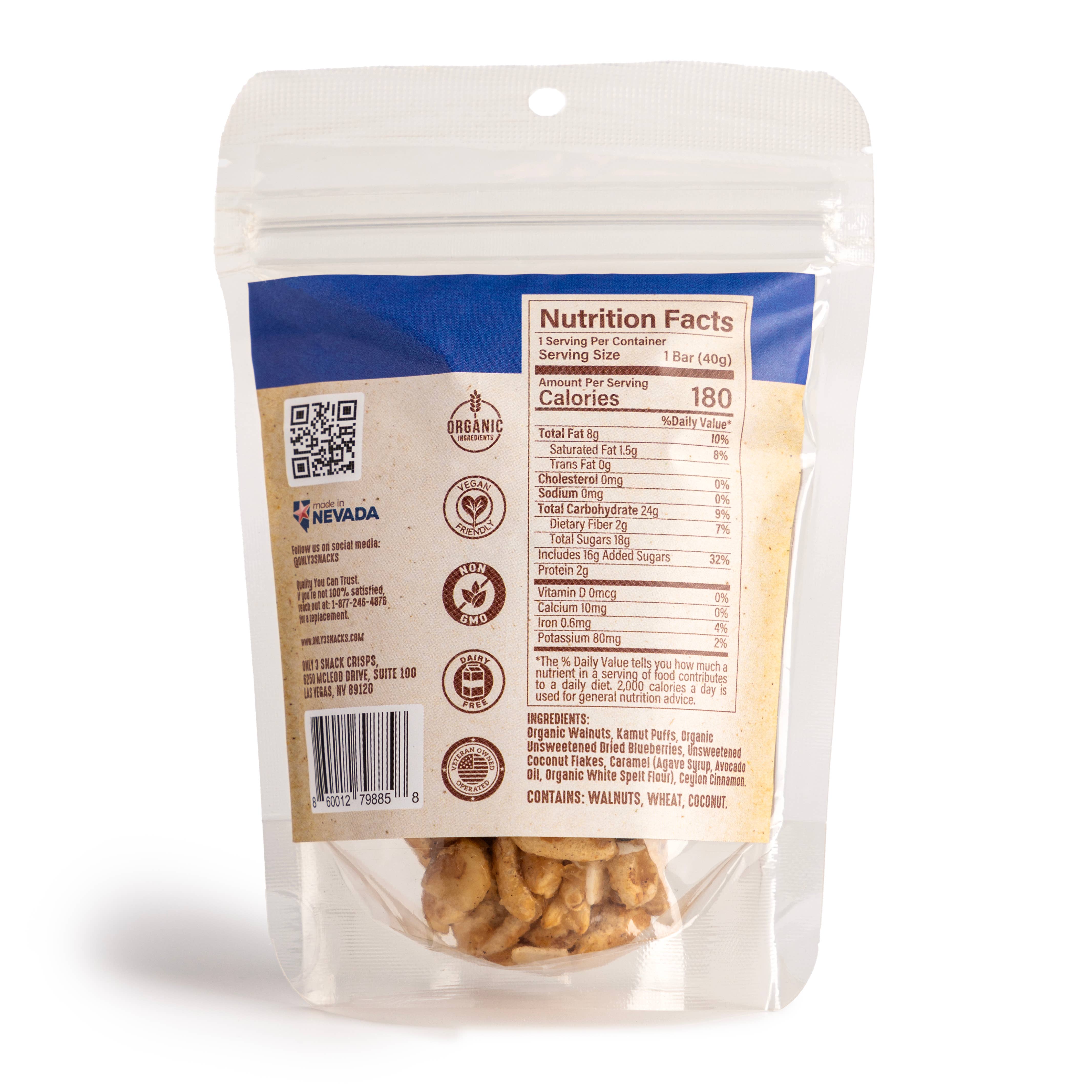 Only 3 Snacks - Wholesale Snack Bar - Blueberry & Walnut Energy Bar 1