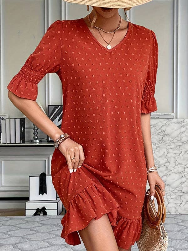 Plush Looks – Großhandel Kleid – Damen – A-Linien-Minikleider mit ausgestellten Ärmeln und elastischem Jacquardplissee, einfarbig, mit geteilten Gelenken und V-Ausschnitt7