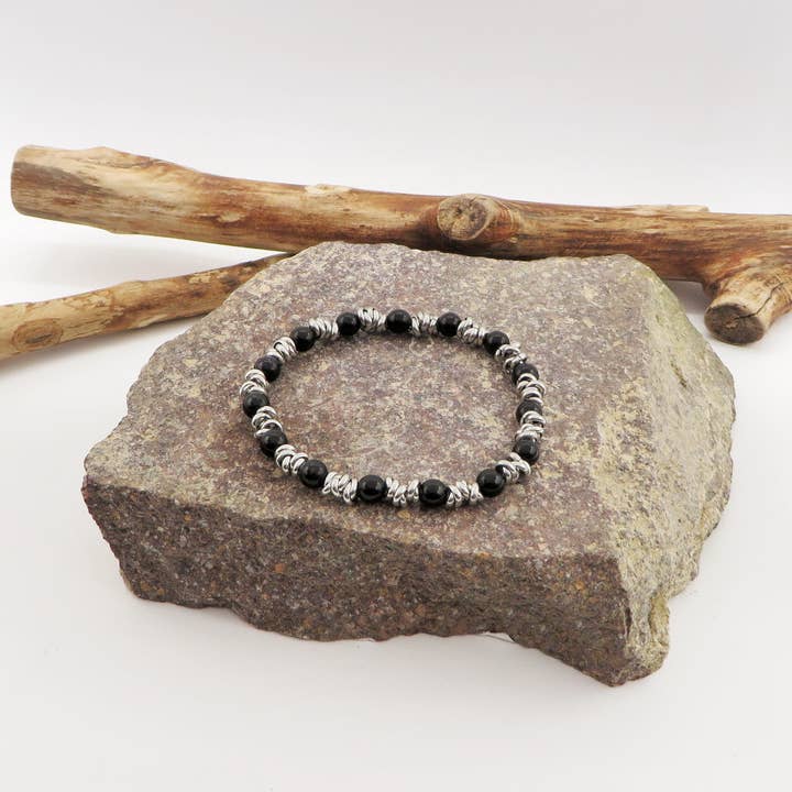 Bracciale uomo elasticizzato NODINI ACCIAIO INOSSIDABILE + perle black for wholesale by Daemon srls