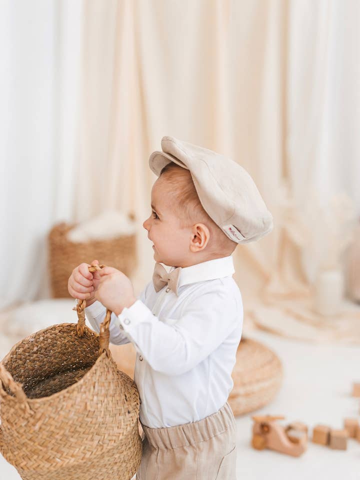 Boys Newsboy Hat, Baby Flat Linen Cap, Kids Tweed Page Boy Outfit, Toddler Retro Style Beret, Classic Peaked Cap, Flat Bottom Bonnet for wholesale by Matrinna