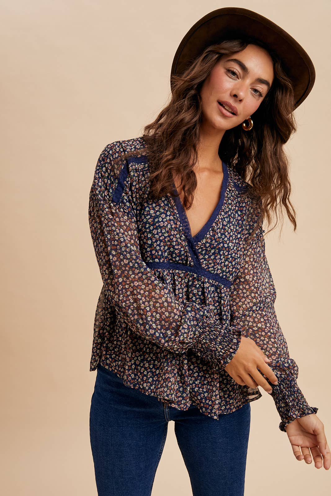 In Loom - Wholesale Blouse - Women's - LACE INSET FLORAL CHIFFON V NECK BLOUSE5