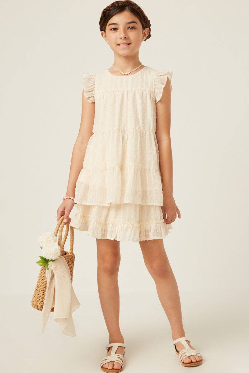 Cream Girls Textured Stripe Swiss Dot Ruffled Tiered Top for wholesale on Faire0