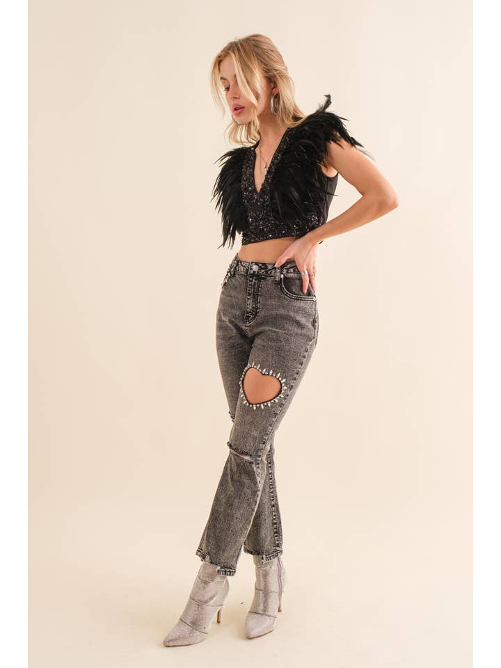 BLACK 34157T - Sequin Feather V Neck Crop Top for wholesale on Faire5