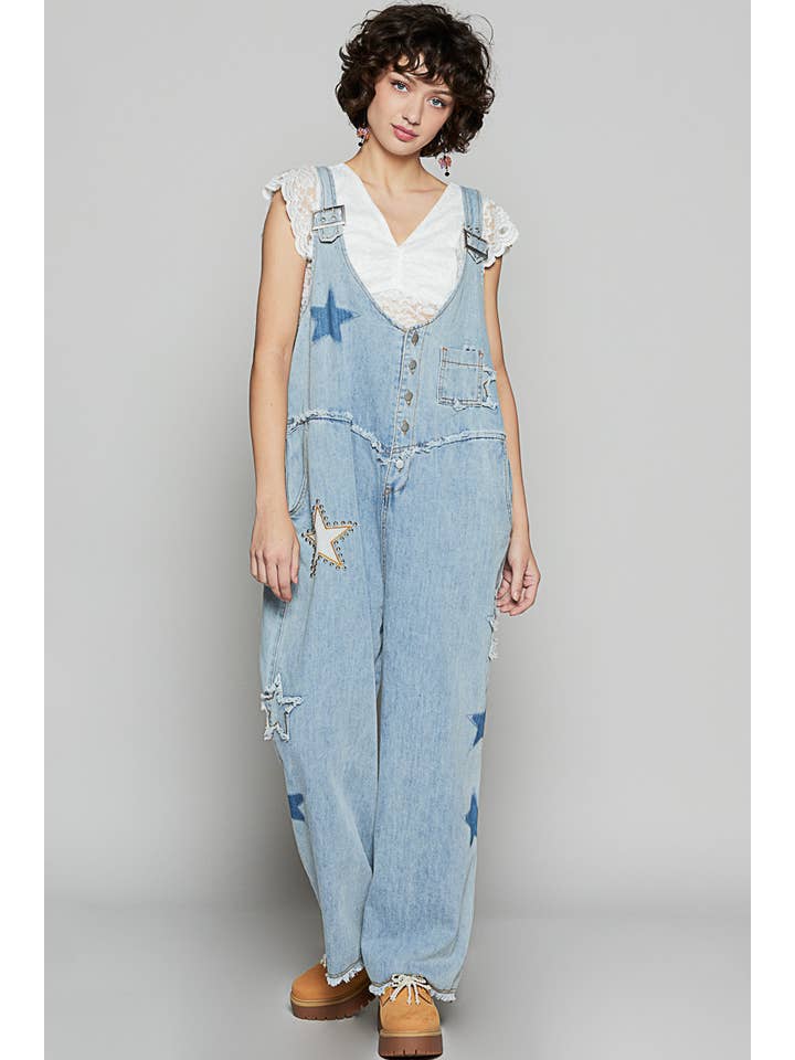 Oversized star patches denim overalls for wholesale on Faire