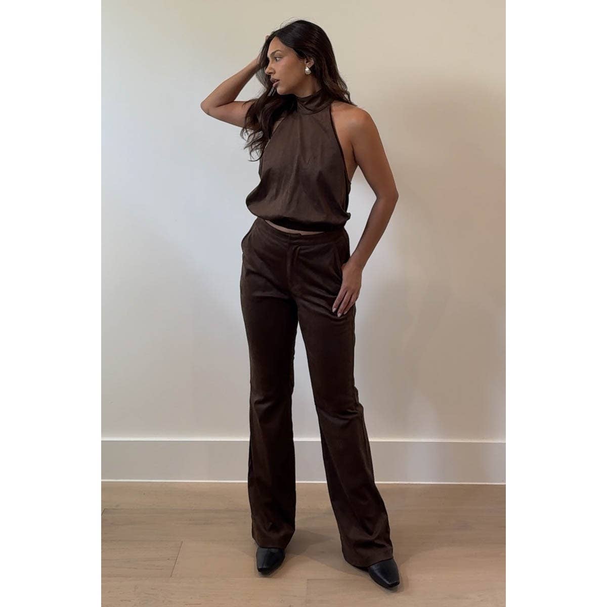 CHOCOLATE Faux Suede Halter High Neck Top for wholesale on Faire4