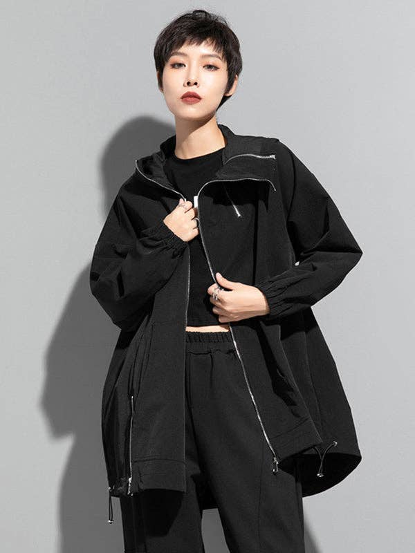 BLACK Fashion Irregularity Loose Solid Color Zipper Hooded Outerwear for wholesale on Faire2
