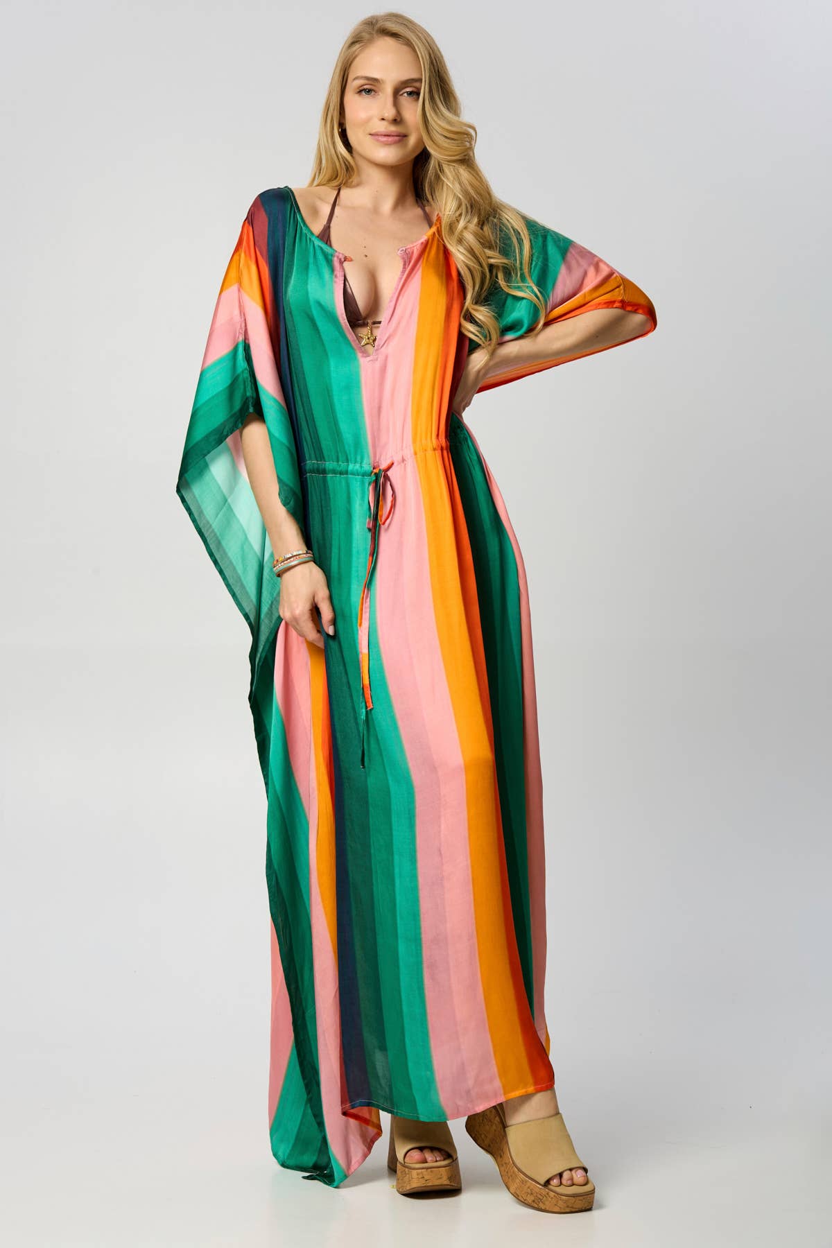 SAACHI – Großhandel Kaftan – Damen – Mehrfarbiger Kaftan mit gestreifter Taille1