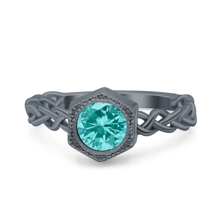 Art Deco Hexagon Round Black Tone Paraiba Tourmaline CZ Engagement Ring for wholesale by Blue Apple Imports
