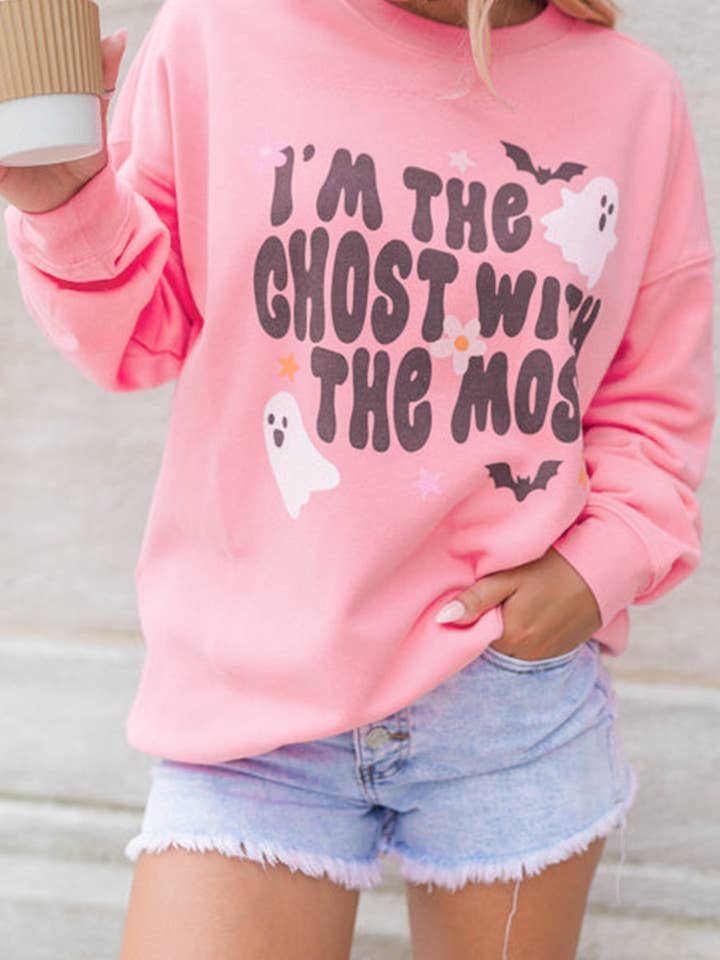 Pink Halloween Slogan Ghost Bat Graphic Drop Shoulder Sweats for wholesale by Lovesoft
