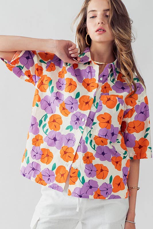 ORANGE LAVENDER HAILEE BUTTON DOWN FLORAL PRINT TOP for wholesale on Faire3