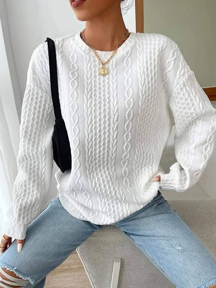 WEISS Langärmliges Sweatshirt mit Zopfmuster und O-Ausschnitt für den Großhandel auf Faire