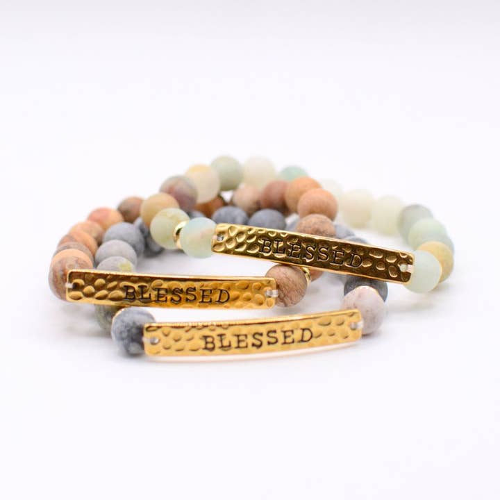 Two and Crew - Wholesale Charm/Dangle Bracelet - BLESSED stone stretch inspirational religious bracelet