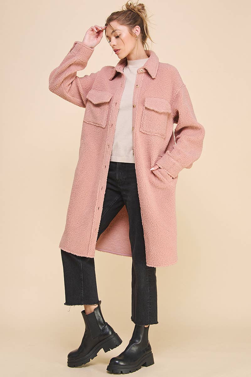 Dusty Rose Long Sherpa Shacket with Pockets for wholesale on Faire22