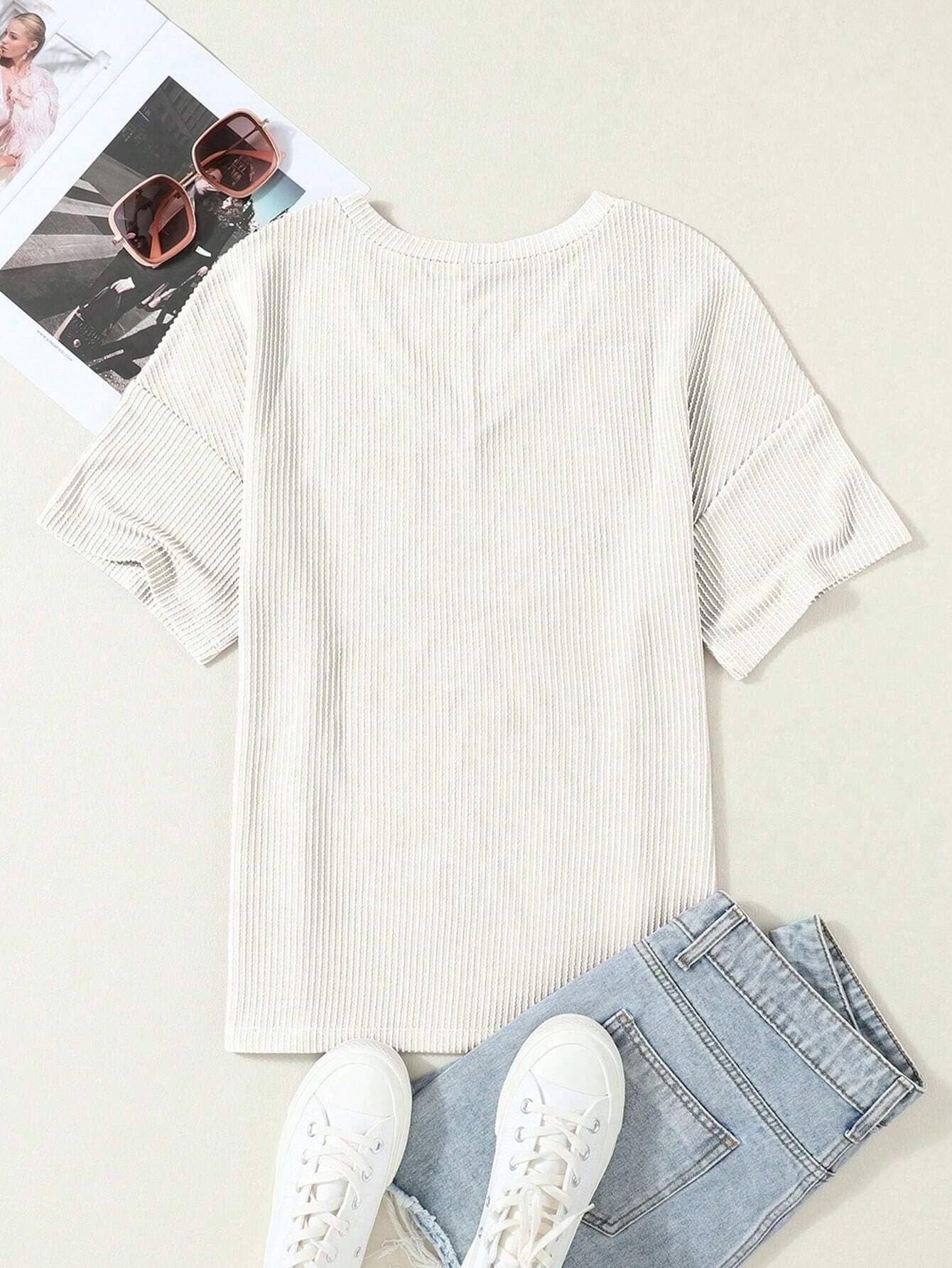 Lovesoft - Wholesale T-Shirt - Women's - Women's Valerian Corded V Neck Chest Pocket Loose T-shirt40