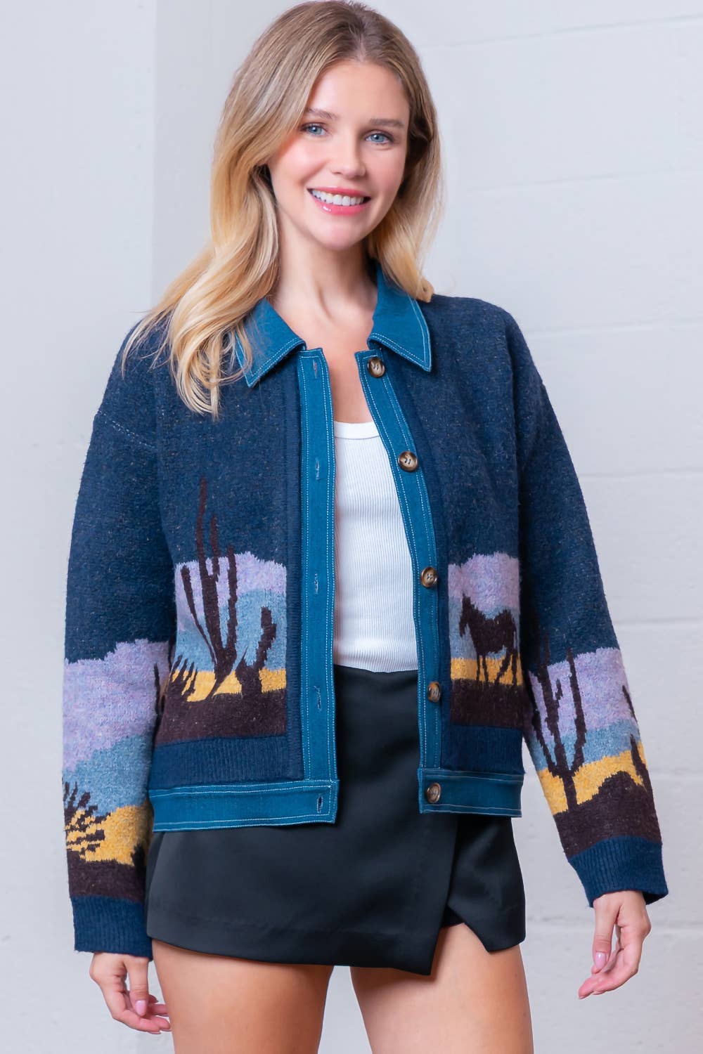 Blau Multi HWJ65173T-L/S MIT KRAGEN DENIM GEMISCHTE SWEATER JACKE für den Großhandel auf Faire4