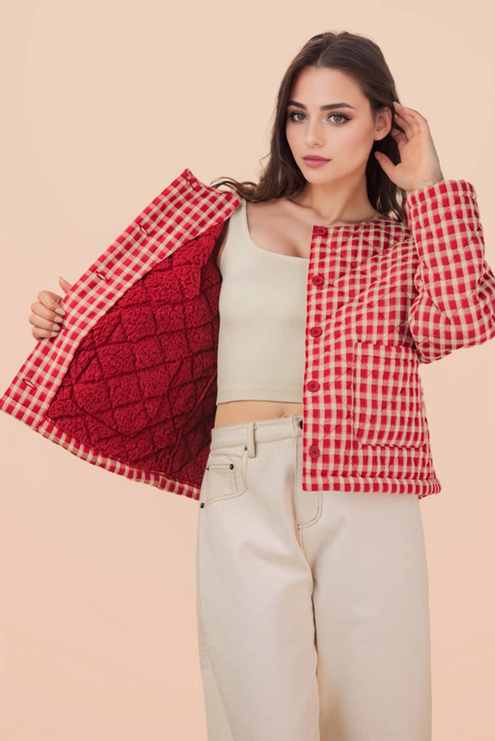 VERY J - Wholesale Jacket - Women's - NJ90419-Oversized Checkered Casual Quilt Jacket11