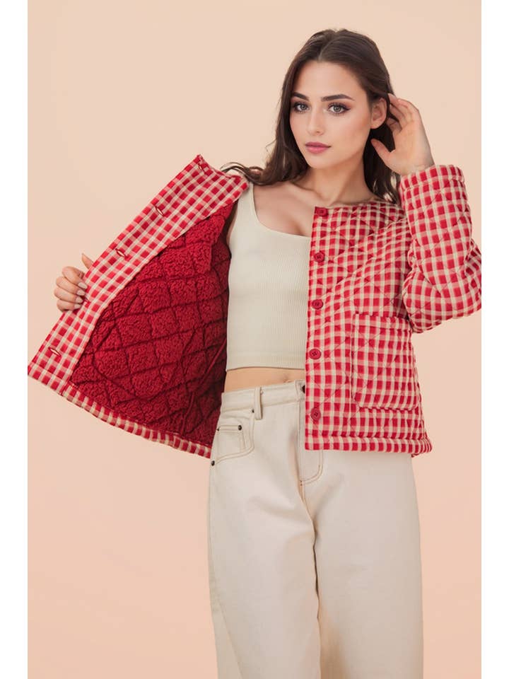 VERY J - Wholesale Jacket - Women's - NJ90419-Oversized Checkered Casual Quilt Jacket11