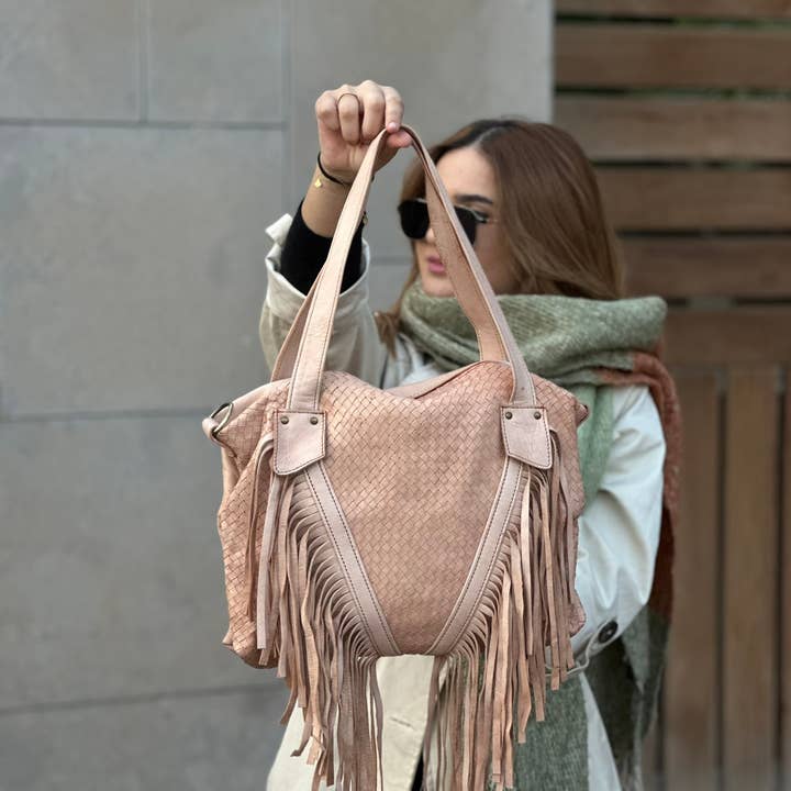 Berberwoolrug - Wholesale Shoulder Bag - Women's - Woven Fringe Leather Bag, Handmade Western Braided purse