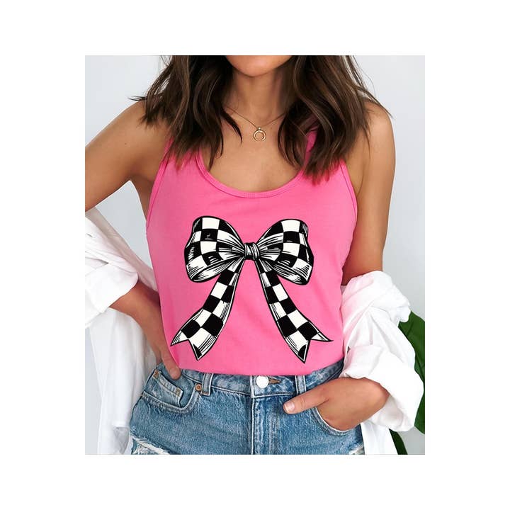 Pink Irene Wholesale - Venta al por mayor Camiseta sin mangas - Mujer - Coqueta camiseta sin mangas con estampado de lazo a cuadros y espalda cruzada