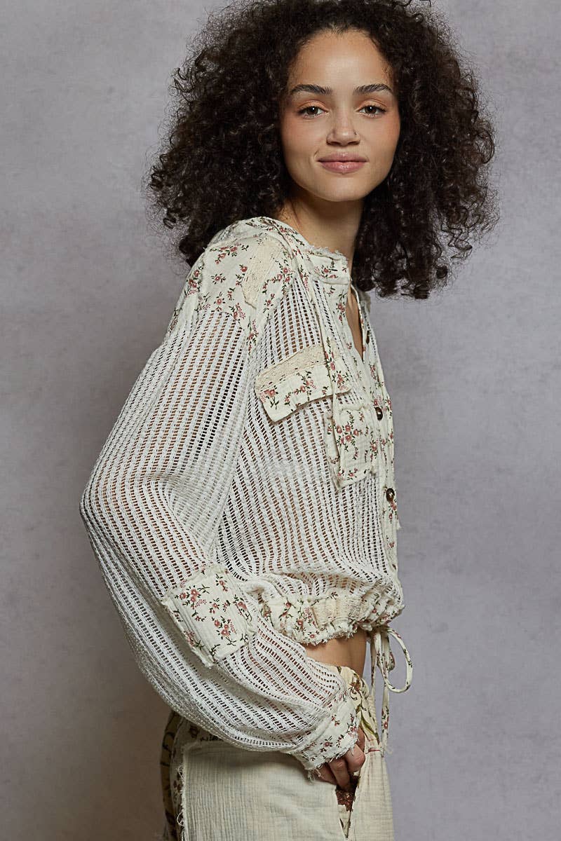 Pol Clothing - Wholesale Jacket - Women's - Vintage washed floral print patch crochet jacket SALE8