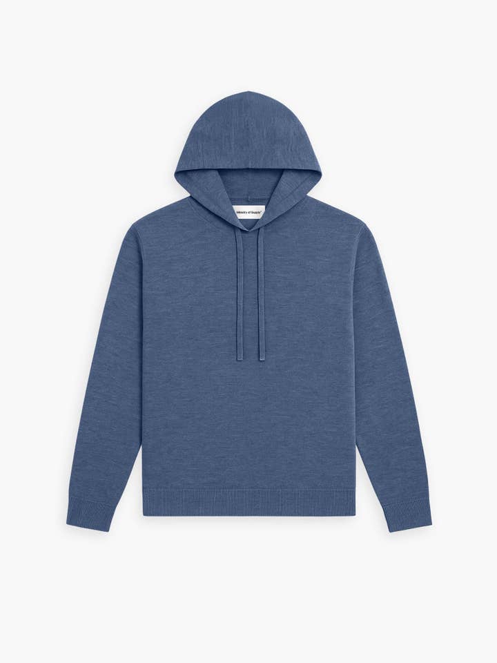 T-shirt à capuche en mérinos pour femmes - Bleu denim pour la vente par Ministry Of Supply