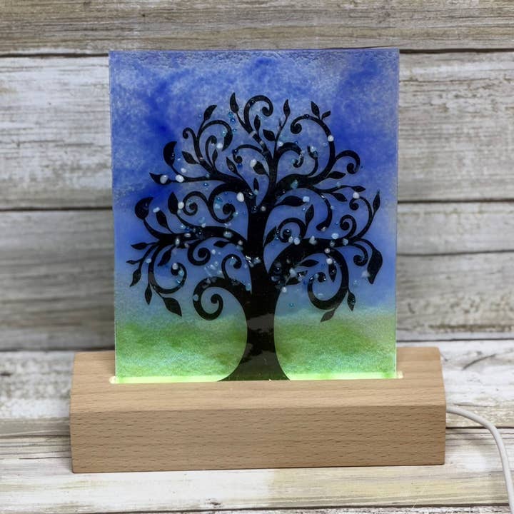 Tree - Fused Glass Art in solid wood LED lighted base for wholesale by Glimmer Glass Gifts