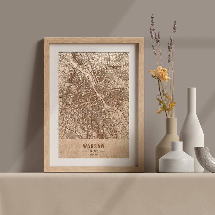 Carte de Varsovie, Pologne, gravée sur bois. Carte laser 3D pour la vente par Kustwood