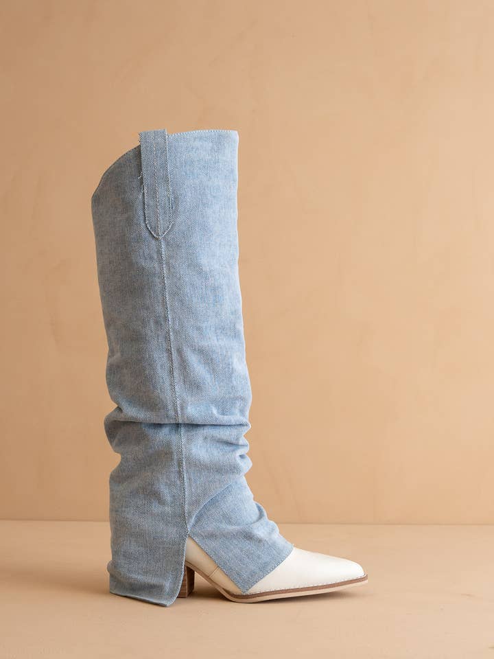 The Thea Denim | Fold Over Slit Jean Boot for wholesale on Faire