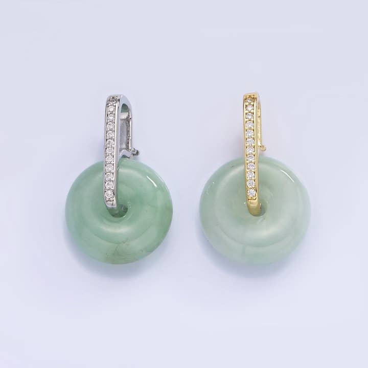 Pingente de Donut de Pedra Preciosa de Jade Verde com Revestimento de Ouro 14K e Micro Zircónias Pavé com Fio Linear em Ouro e Prata | AH159 por atacado de Aim Eternal