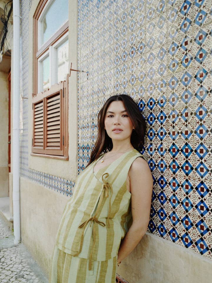 Cotton Tie Top in Green & Brown Stripe for wholesale by TBCo