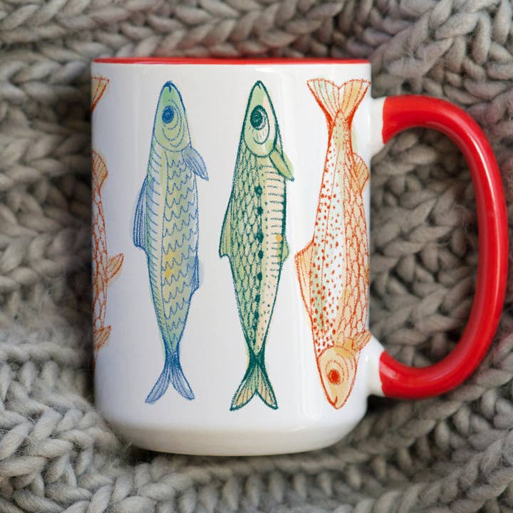 Vintage Sardine Trend Colorful Sketch 15oz Mug with Red Accent Handle for wholesale by Lake Town Love