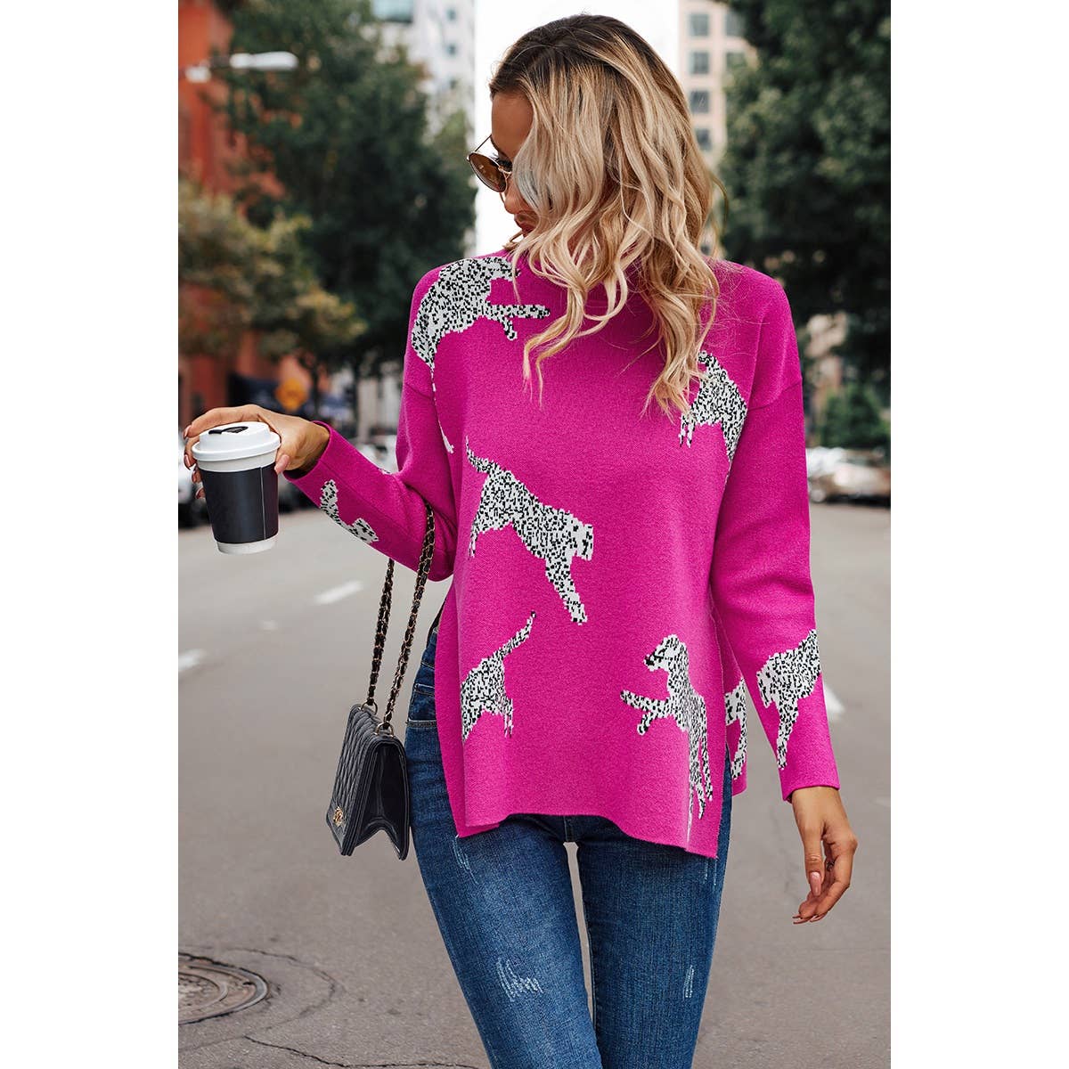 FUCHSIA Leopard Turtleneck Drop Shoulder Knit Sweater for wholesale on Faire3