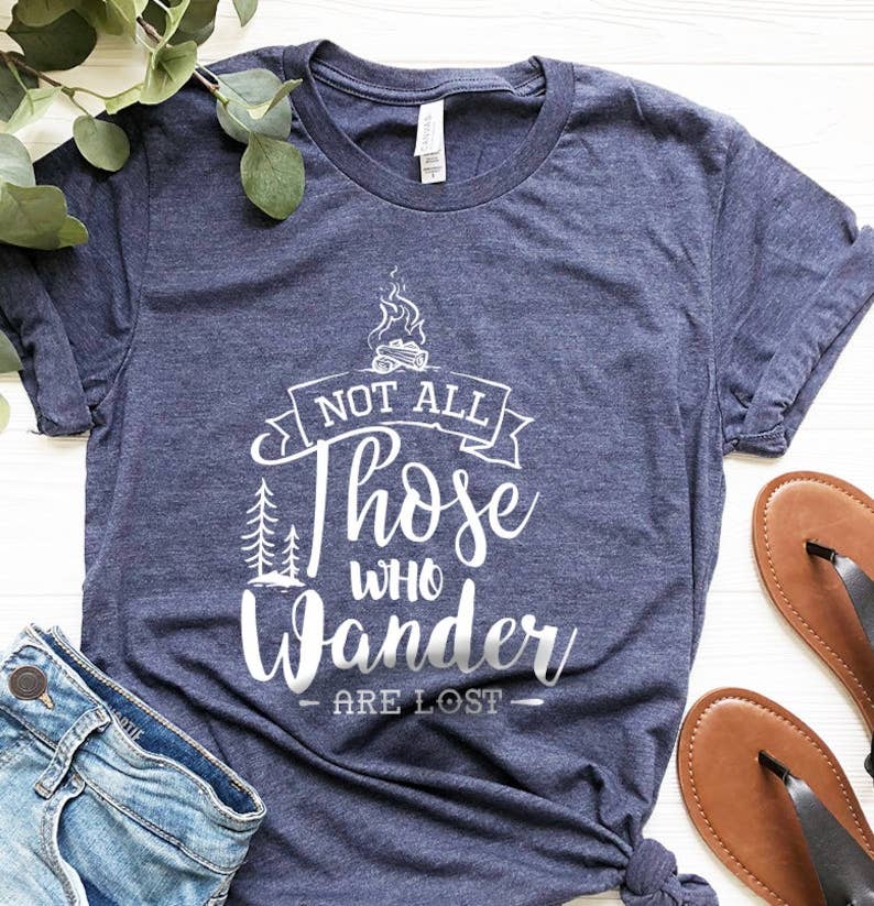 Black Adventure Shirt, Not All Who Wander Are Lost Shirt, Camp Fir for wholesale on Faire