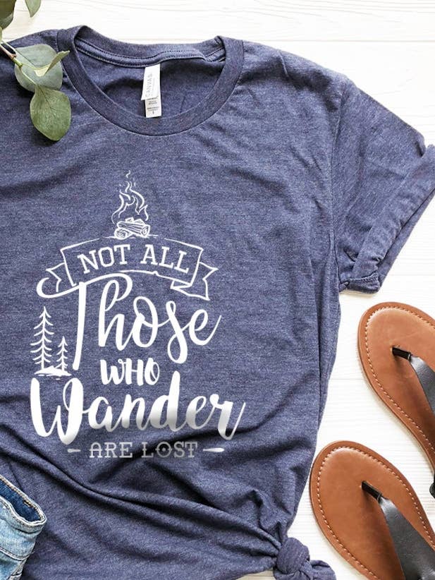 Black Adventure Shirt, Not All Who Wander Are Lost Shirt, Camp Fir for wholesale on Faire0