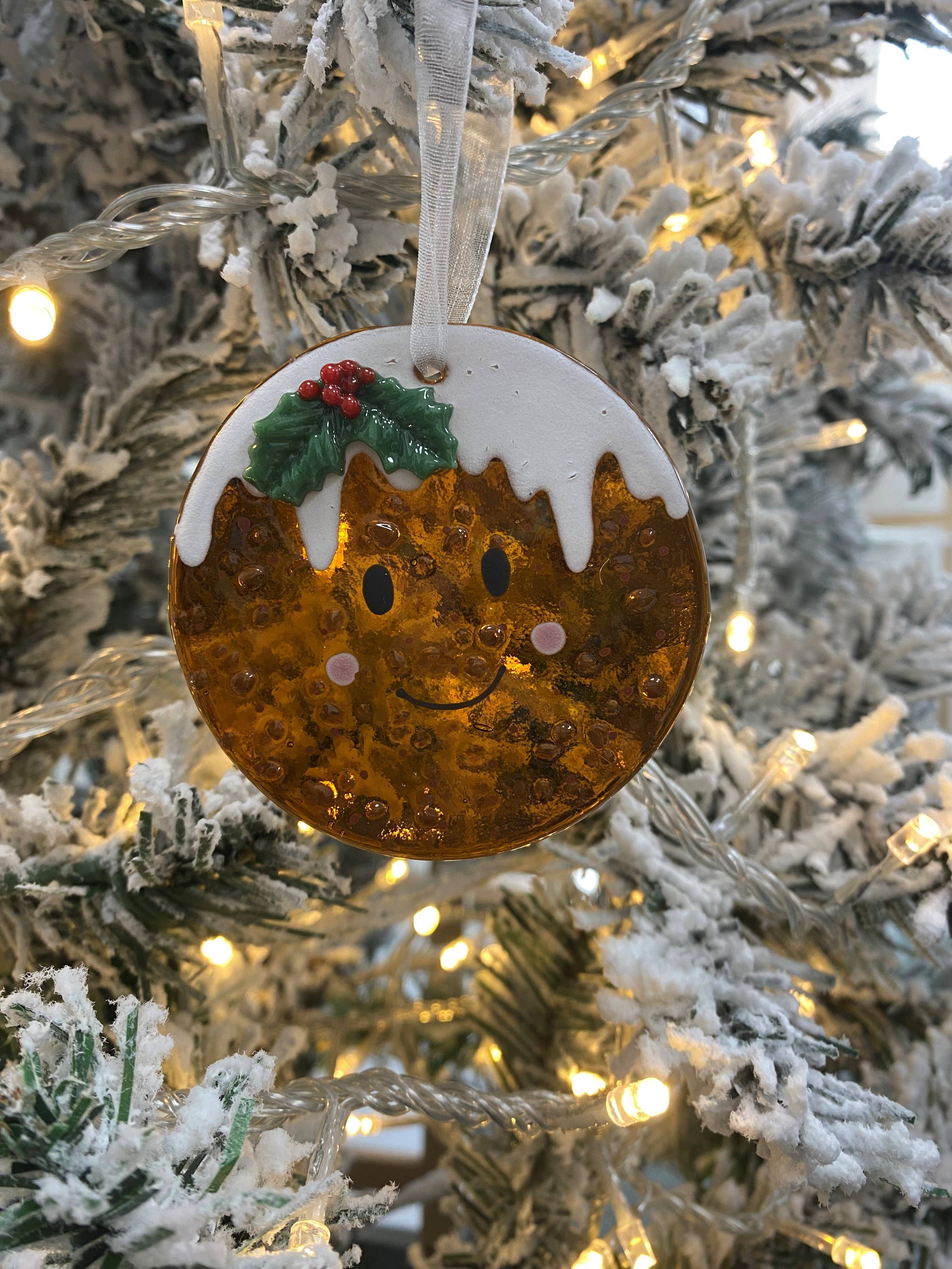 Pam Peters Designs - Vente Objets de décoration - Décoration de Noël en verre fusionné faite main en forme de pudding pour arbre7